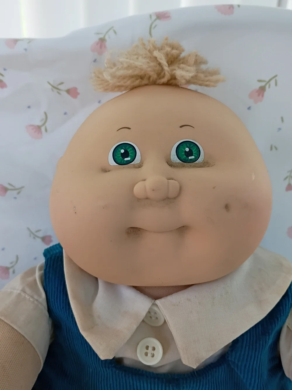 Cabbage Patch Doll Green Eyes HM 3 Dimple Yellow Tuft Baby Corduroy Outfit 1982